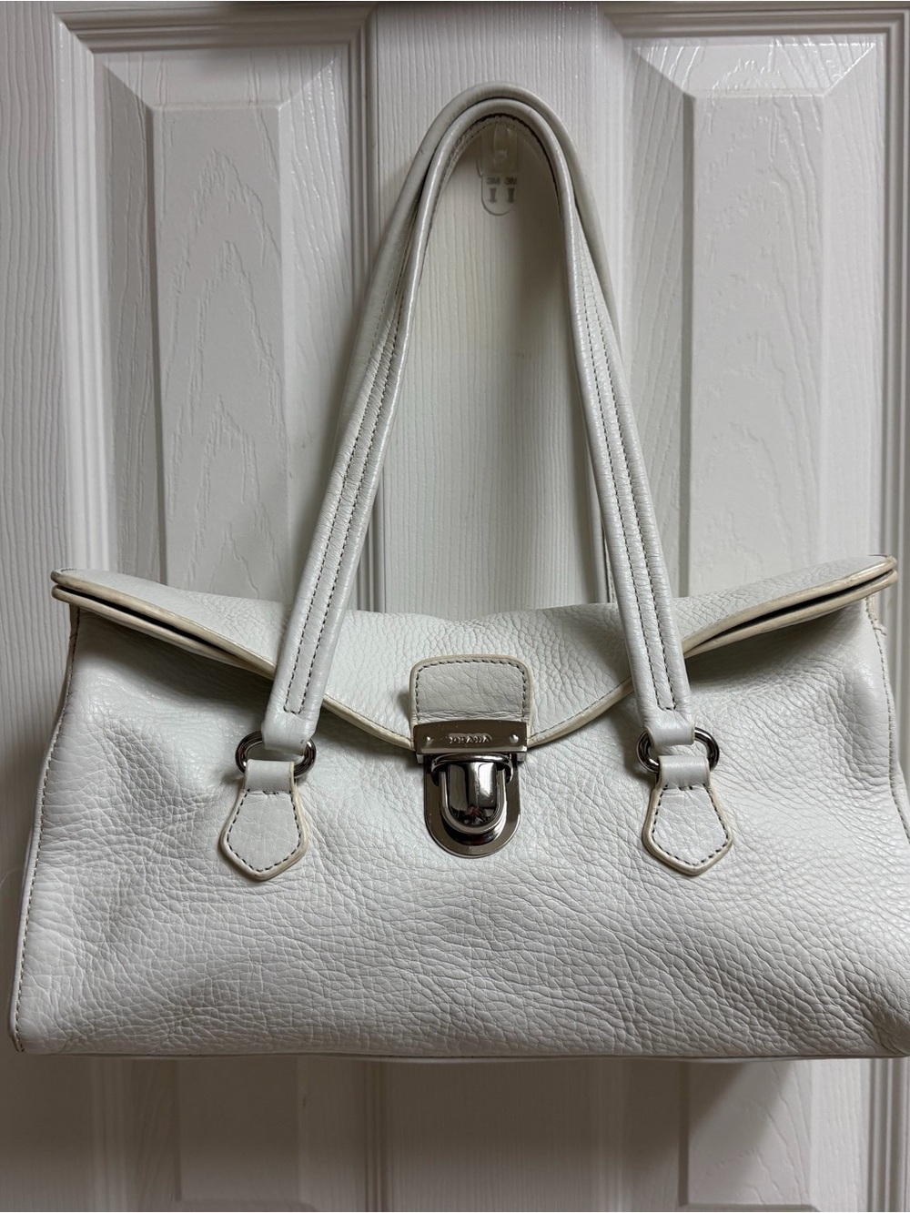 Prada White Leather Shoulder Bag with Silver-Tone Clasp